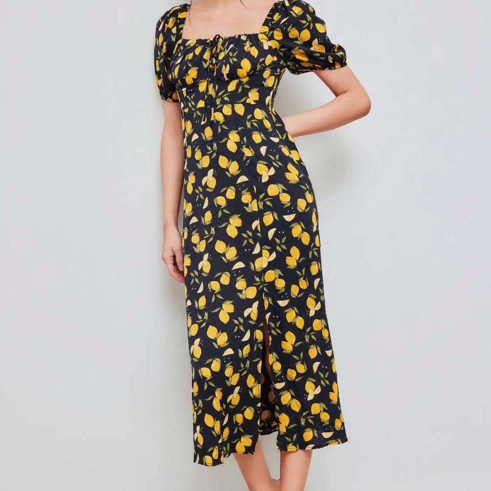Cider Black and Yellow Lemon Midi Dress